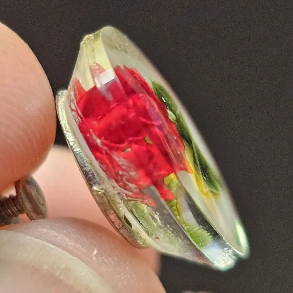 Gem Tone Hand Reverse Carved Lucite Red Rose Screw Back Earrings Germany